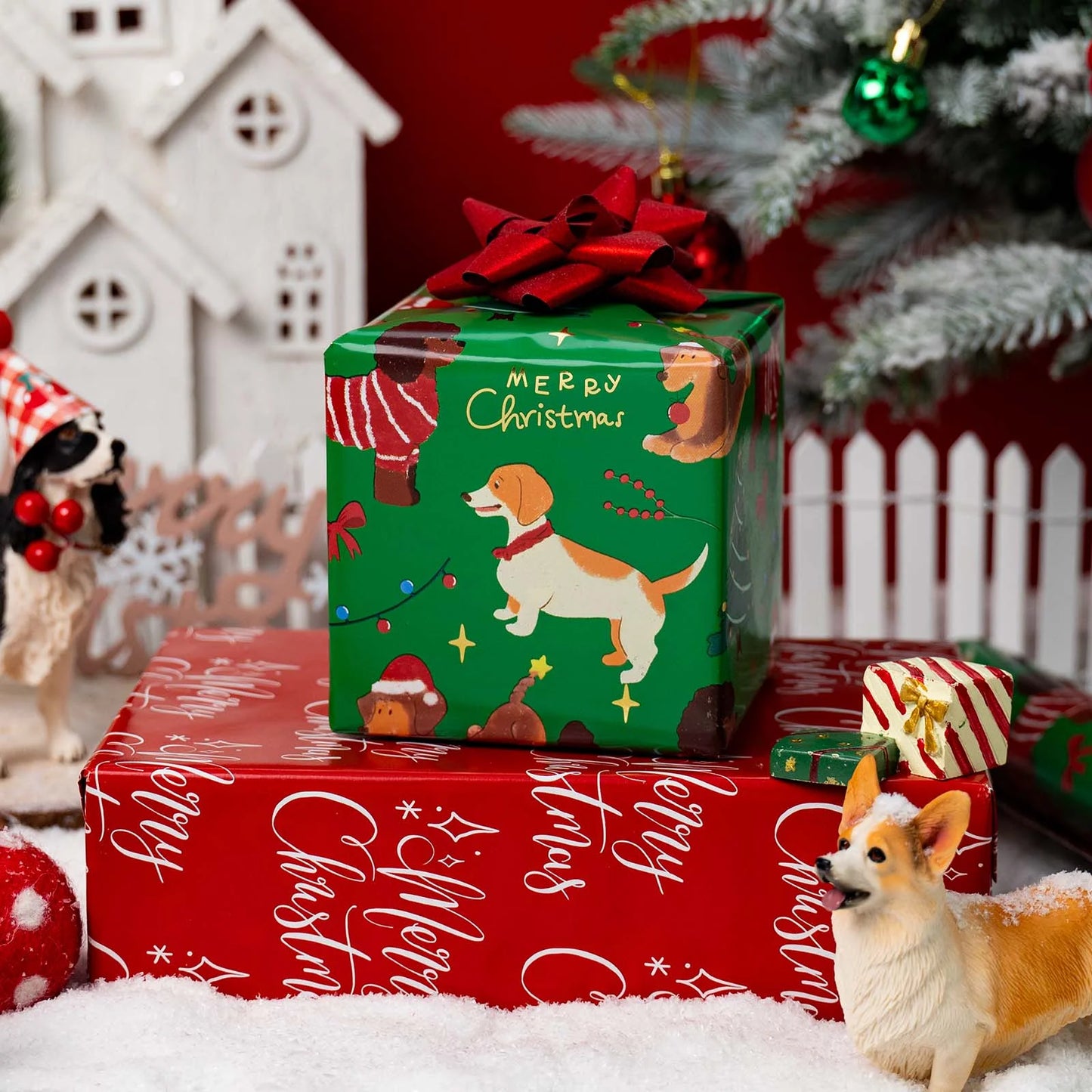 Christmas Wrapping Paper Roll - Green Gift Wrap with Christmas Dog, Christmas Tree, Bowknot - Perfect for Christmas - 17 Inch X 33 Feet