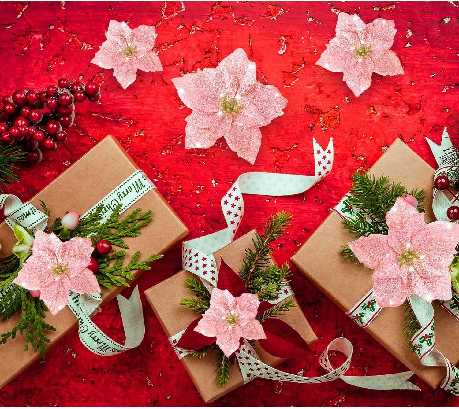 36 Pieces Christmas Glitter Poinsettia 3/4/6 Inch Faux Flowers Christmas Flowers Decorations Wedding Xmas Tree New Year Ornaments(Rose Gold)