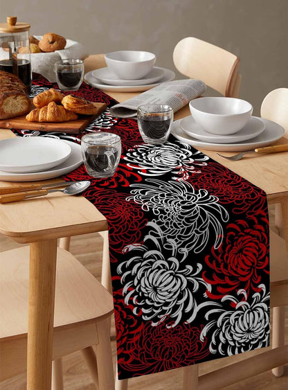 Floral Table Runner-Red Black White Cotton Linen-Long 90 Inche Dresser Scarves,Flower Tablerunner for Kitchen Coffee/Dining Table Bedroom Home Living Room,Scarf Decor for Summer Spring Holiday Dinner