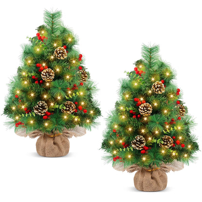 2PCS Pre-Lit Artificial Mini Christmas Tree,30 Inch Small Tabletop Xmas Tree for Indoor Outdoor Christmas Decor