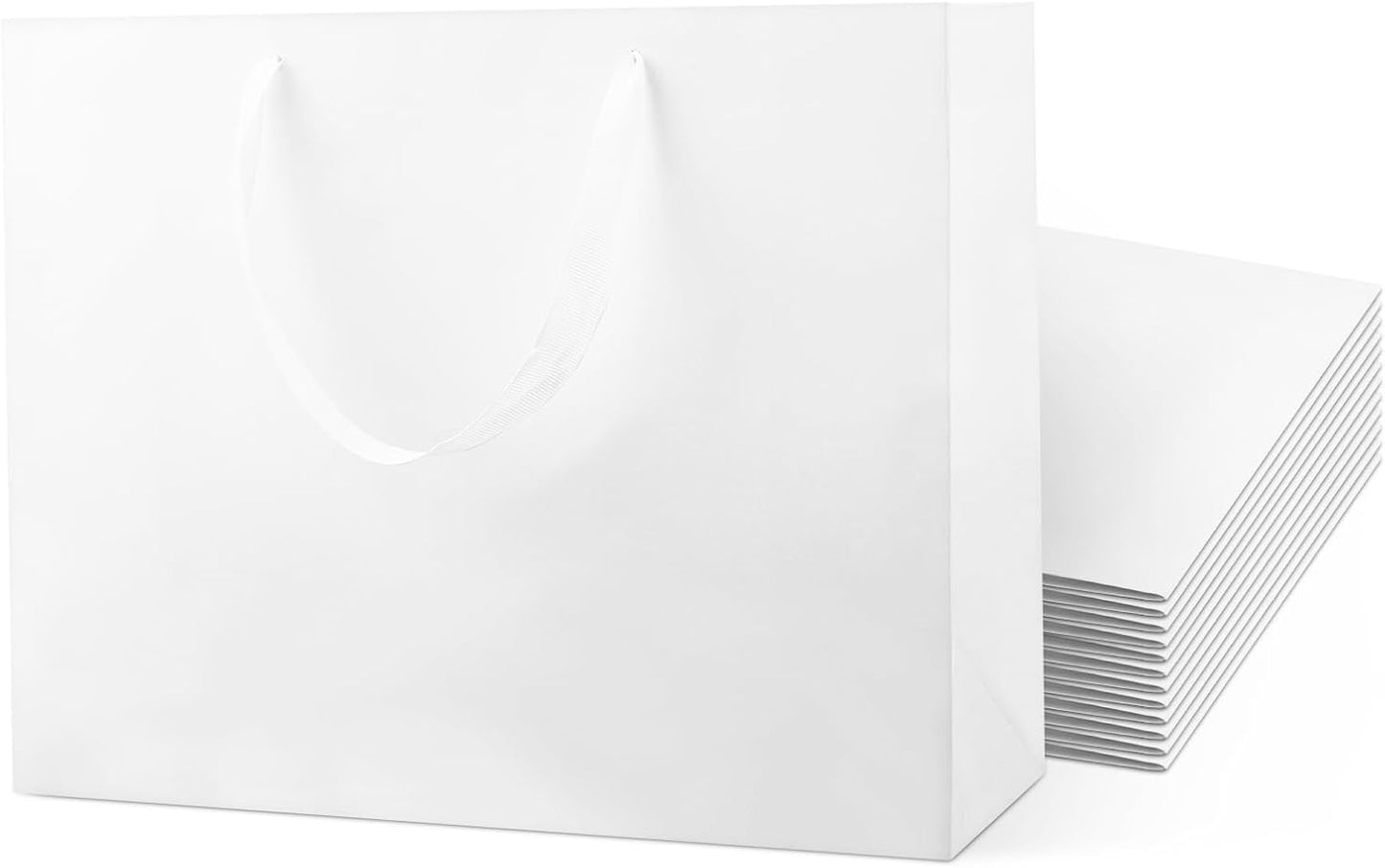 Extra Large Kraft Paper Gift Bags - 12 Pcs, White, 16X6X12 Inches, Ribbon Handles, Party, Wedding and Shopping Bags