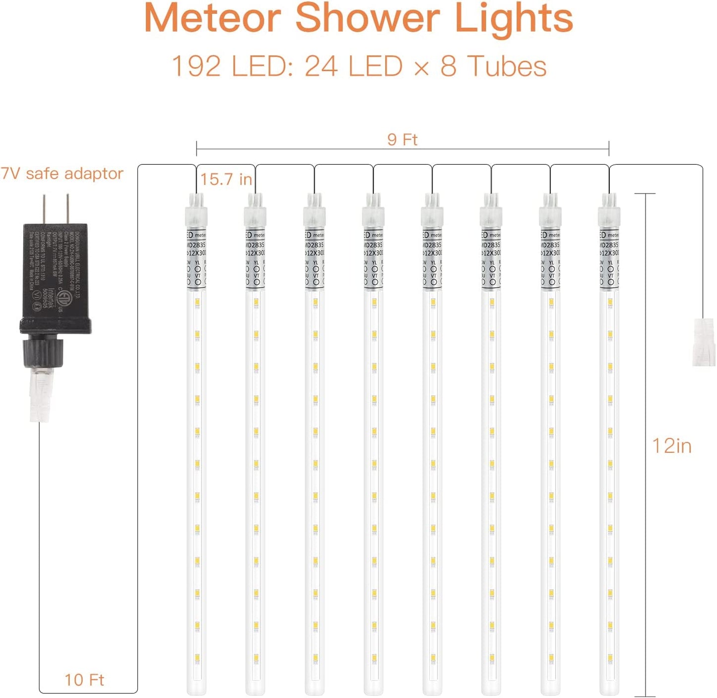 Meteor Shower Rain Lights, 19Ft 8 Tube 192 Leds Christmas Lights Icicles, Icicle Lights Outdoor for Christmas Trees, Christmas Decoration Lights for Patio Garden Lawn Outdoor Christmas Lights