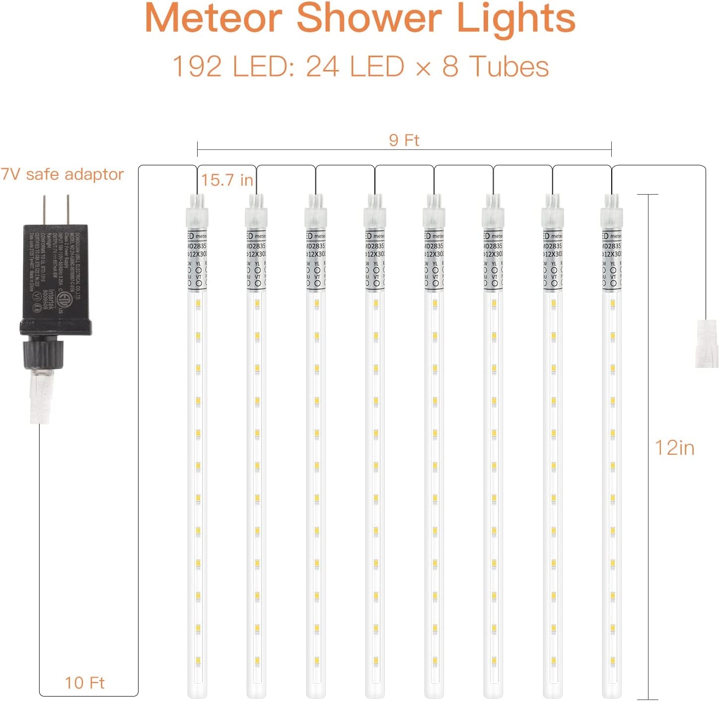 Meteor Shower Rain Lights, 19Ft 8 Tube 192 Leds Christmas Lights Icicles, Icicle Lights Outdoor for Christmas Trees, Christmas Decoration Lights for Patio Garden Lawn Outdoor Christmas Lights