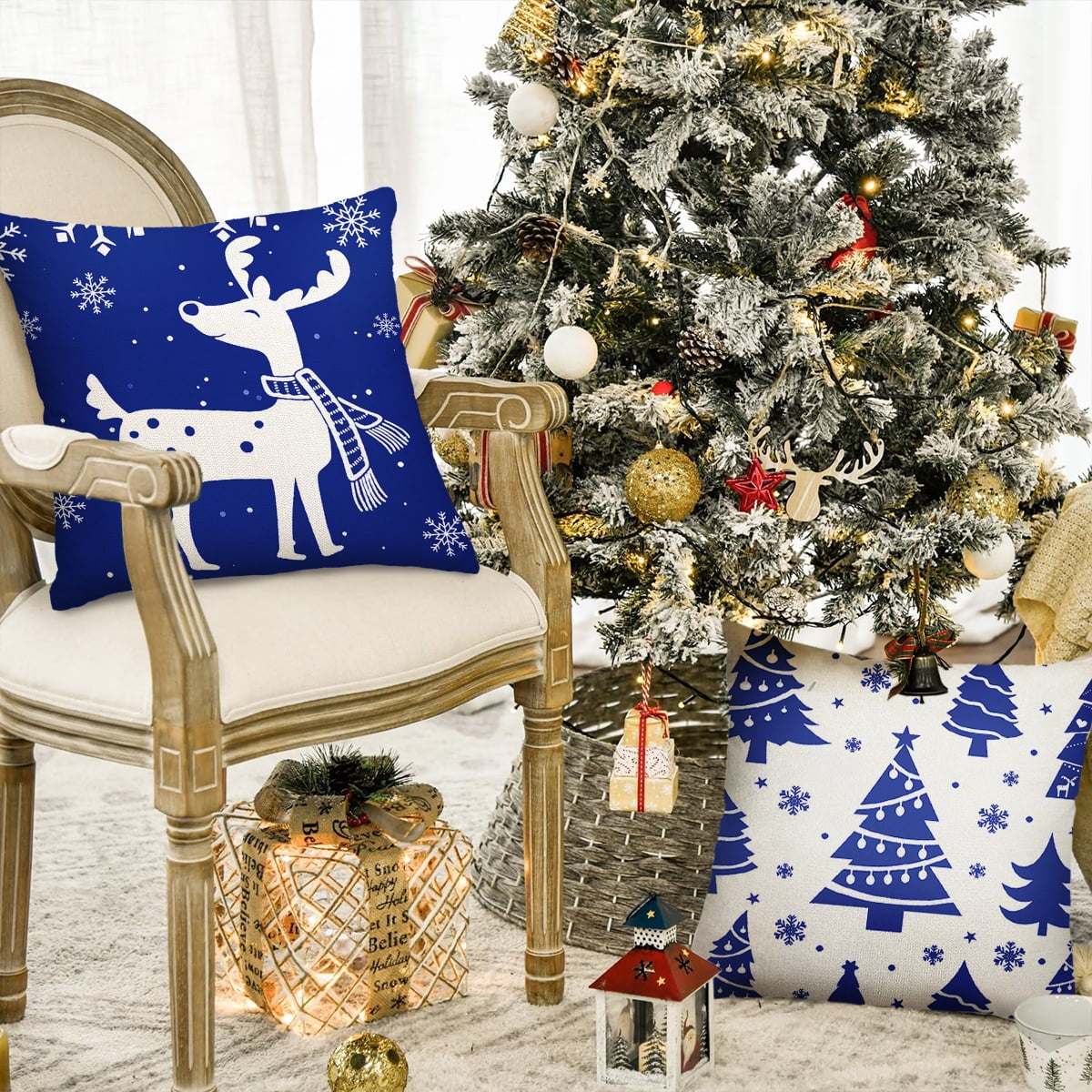 Christmas Throw Pillow Covers 18''X18'' Set of 4 Decorative Holiday Pillows Cover Cases Farmhouse Decor for Xmas Decoration Home Couch Sofa, Blue