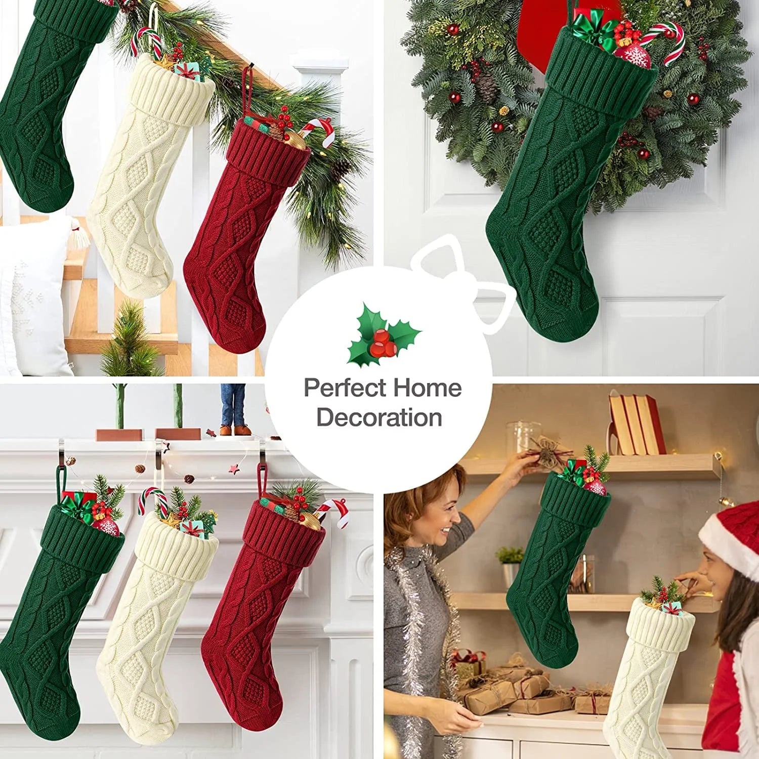 6Pcs Christmas Stockings Large Knitted Xmas Stockings 18 Inches Fireplace Hanging Stockings for Family Holiday Christmas Decoration