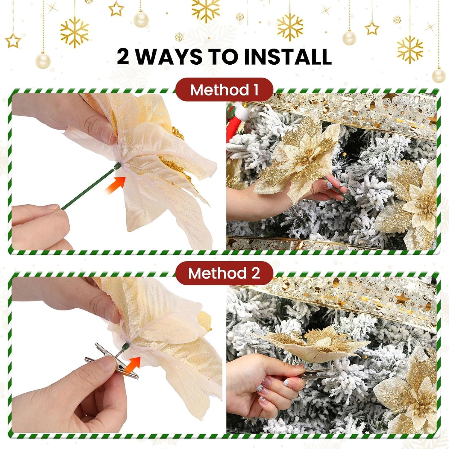 Artificial Poinsettia Christmas Flowers with Clips, Gold, 24 Pcs, Large Size