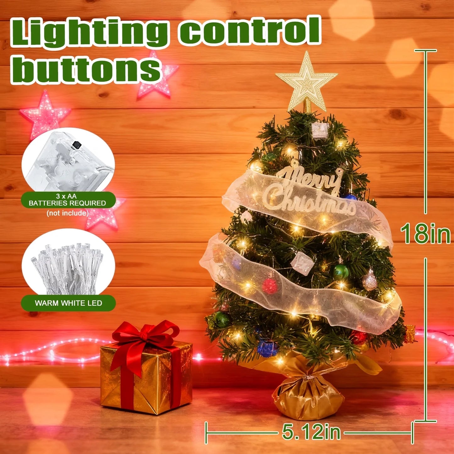 18" Pre-Lit Mini Christmas Tree with LED Lights & Ornaments – Battery Operated Tabletop Artificial Christmas Tree for Indoor Holiday Decor, Home & Office