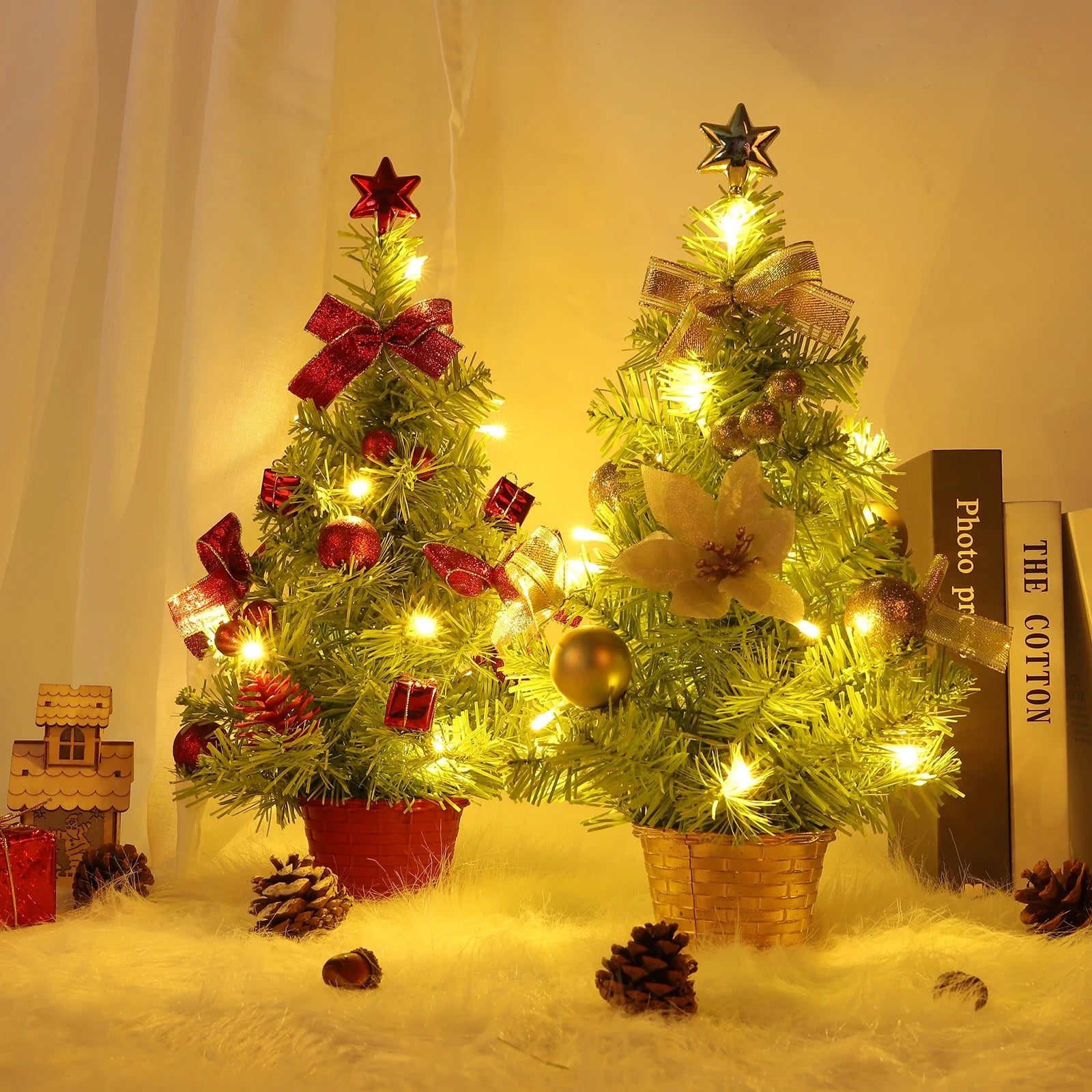 18-Inch Artificial Mini Christmas Tree with LED String Lights and Ornaments for Festive Tabletop Decor