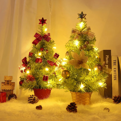 18-Inch Artificial Mini Christmas Tree with LED String Lights and Ornaments for Festive Tabletop Decor