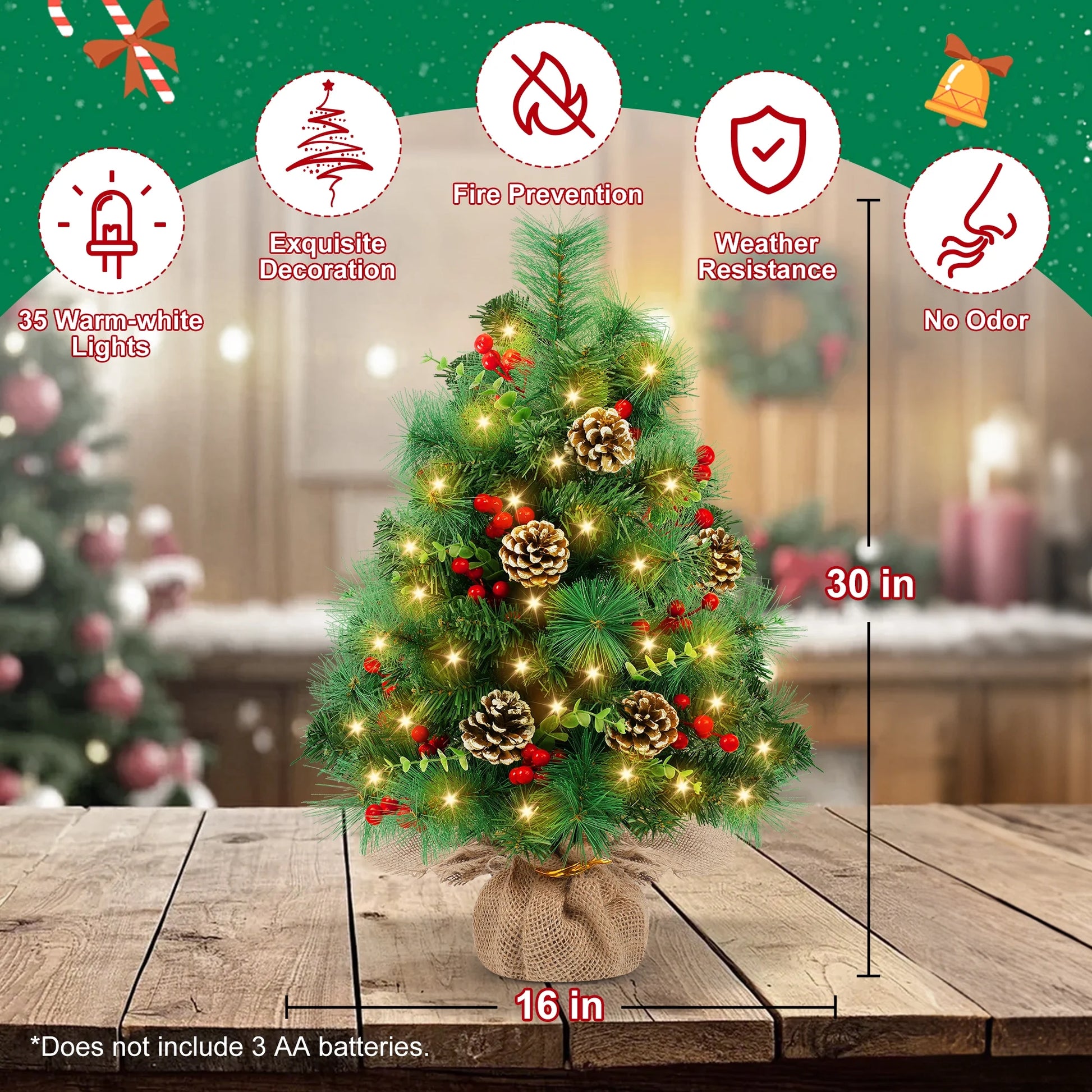 2PCS Pre-Lit Artificial Mini Christmas Tree,30 Inch Small Tabletop Xmas Tree for Indoor Outdoor Christmas Decor