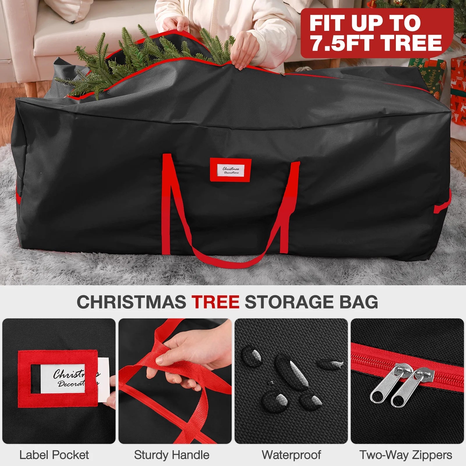 3Pcs Christmas Tree Storage Bag, Christmas Tree Bag for 7.5 FT Artificial Trees, Durable Waterproof with Reinforced Carrying Handles (Black)