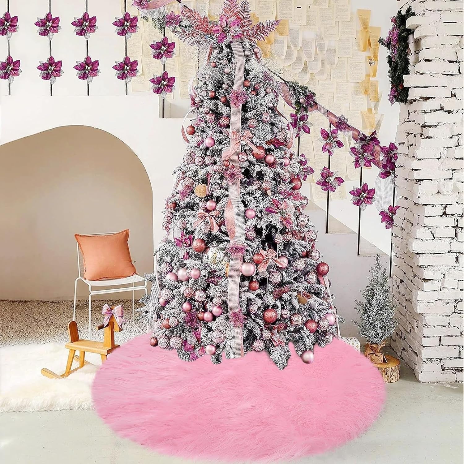 Pink Christmas Tree Skirt Fur,48 Inches Large Fuzzy Fur Candy Tree Skirt Rug Pink Christmas Halloween Decor&Ornaments for 7-7.5Ft Christmas Trees