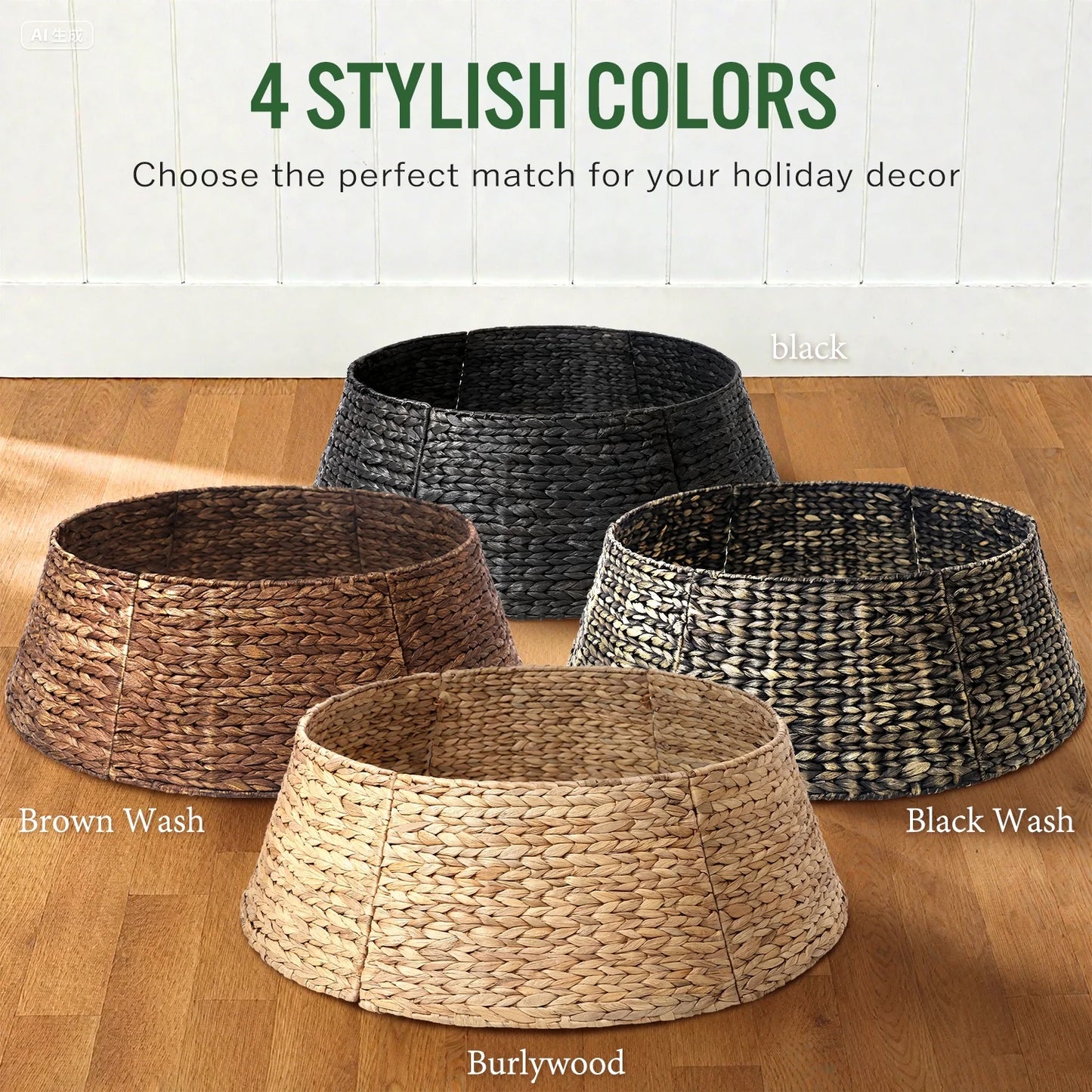 26In Woven Hyacinth Christmas Tree Collar, Christmas Tree Decorations, Tree Skirt Accessory W/ Cord Cut-Out | Black