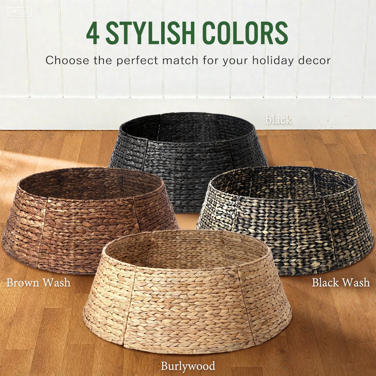 26In Woven Hyacinth Christmas Tree Collar, Christmas Tree Decorations, Tree Skirt Accessory W/ Cord Cut-Out | Black