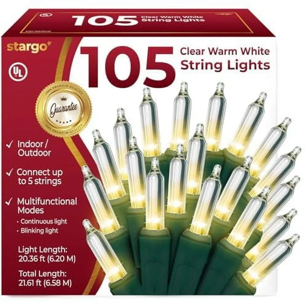 105 Incandescent String Lights with Green Wire and White Bulbs, Christmas Tree Lights