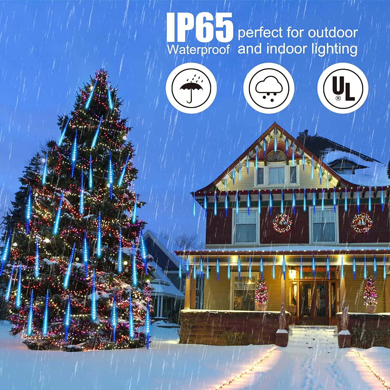 Christmas Lights, Meteor Shower Icicle String Lights, 18 Inches 10 Tubes 360 LED Christmas Lights Outdoor Dropping Lights, Hanging Falling Rain Lights Holiday Christmas Tree Lights, Blue