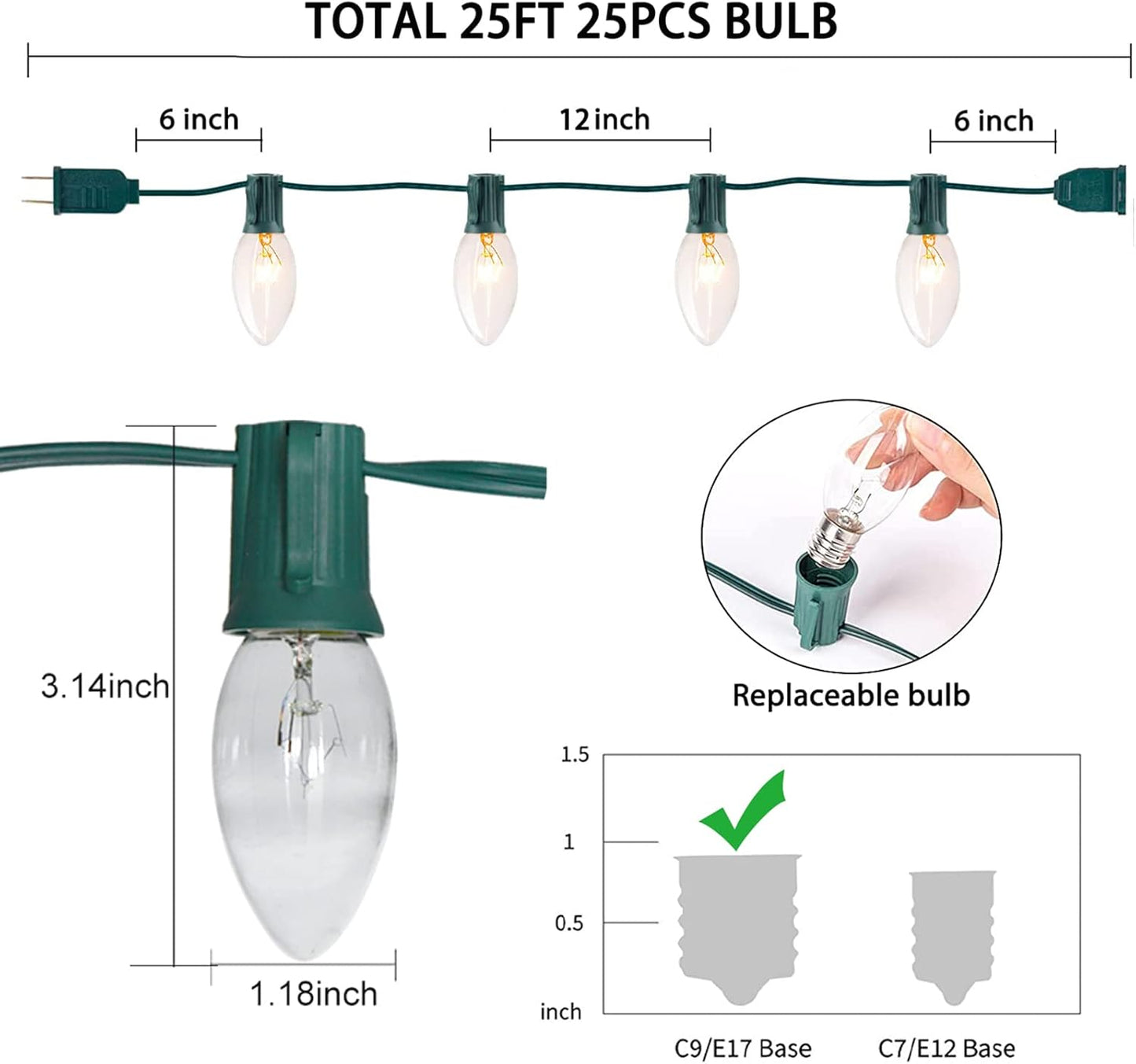 C9 Clear Christmas Lights 25Ft Outdoor Christmas String Lights with 26 Clear Light Bulbs for Outdoor Patio, Cafe, Party Decor- Green Wire