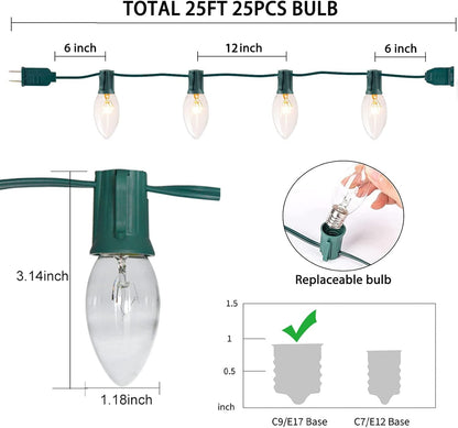 C9 Clear Christmas Lights 25Ft Outdoor Christmas String Lights with 26 Clear Light Bulbs for Outdoor Patio, Cafe, Party Decor- Green Wire