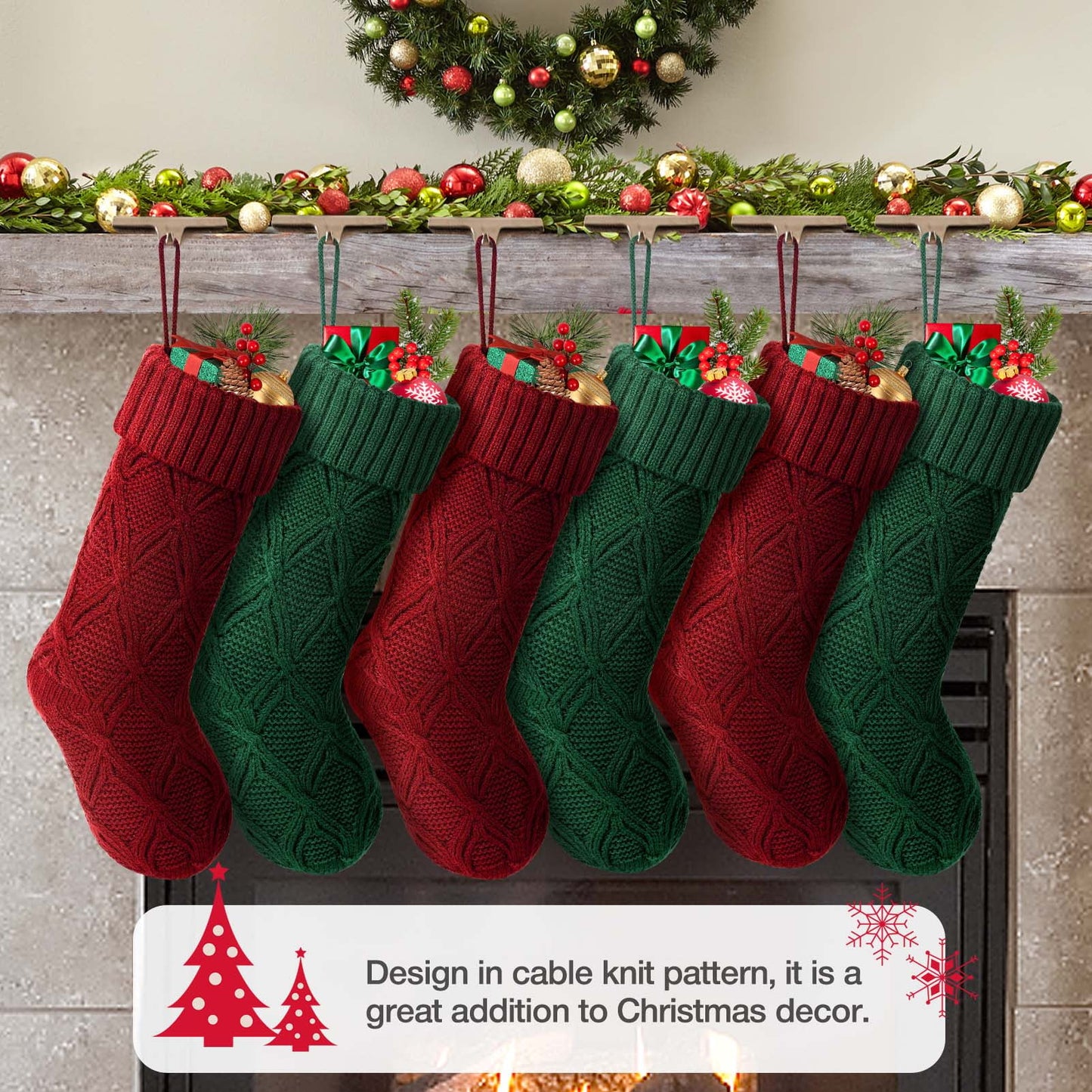 6Pcs Christmas Stockings Knitted Xmas Stockings Double-Sided 18 Inches Fireplace Stockings for Family Christmas Decoration (Burgundy,Green)