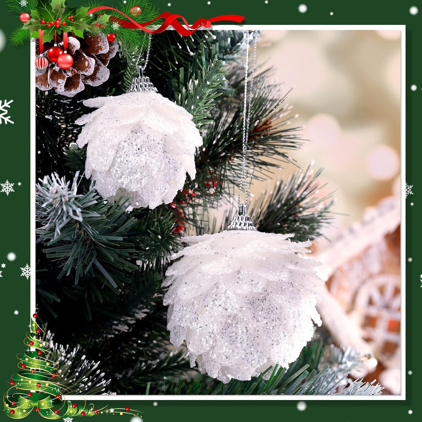 8 Pcs Christmas Ball Ornaments Artificial Pinecone Hanging Ornaments Glitter Faux Christmas Flower for Xmas Decor, 3.15/2.36 Inch(White)