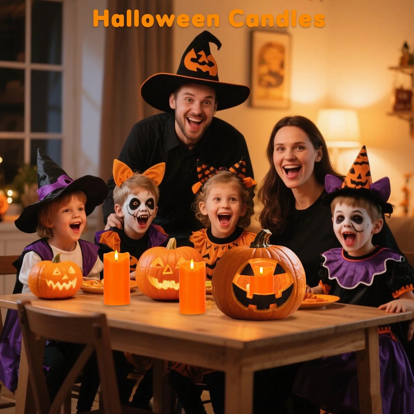 Flameless Candles Lights, Set of 2 Orange Flickering LED Candles with Remote & Timer, Dimmable LED Pillar Candles Battery Operated, Electric Candles for Fall Halloween Thanksgiving Decor