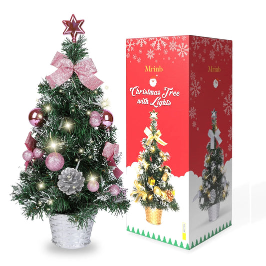 Mini Christmas Tree, 18" Artificial Small Christmas Tree with LED String Lights, Tabletop Christmas Tree with Pine Cones Christmas Balls Ornaments for Christmas Decorations