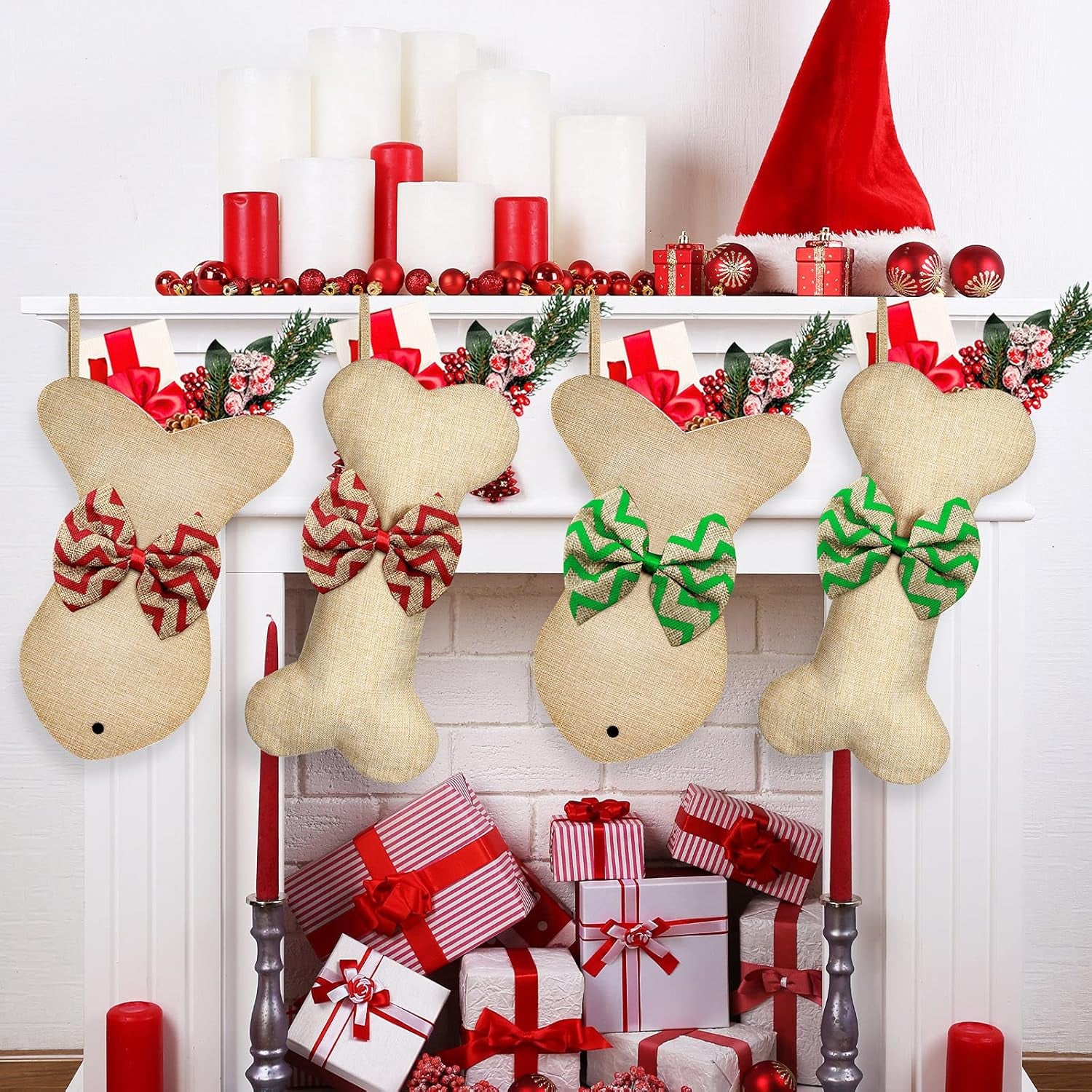 4 Pcs Dog Christmas Stocking Bone Fish Pet Christmas Stockings Pet Burlap Stocking Fireplace Hanging Stockings with Bow Knot for Dog Cat Xmas Party Decoration Gift (Bone and Fish)