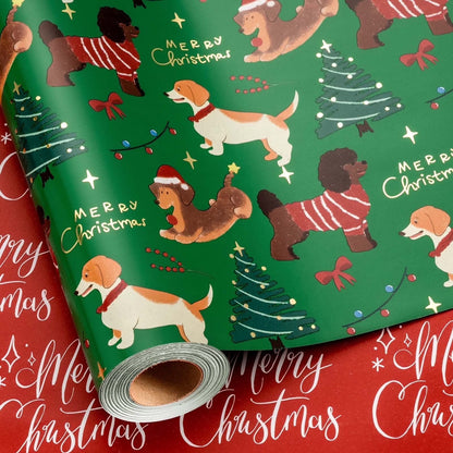 Christmas Wrapping Paper Roll - Green Gift Wrap with Christmas Dog, Christmas Tree, Bowknot - Perfect for Christmas - 17 Inch X 33 Feet