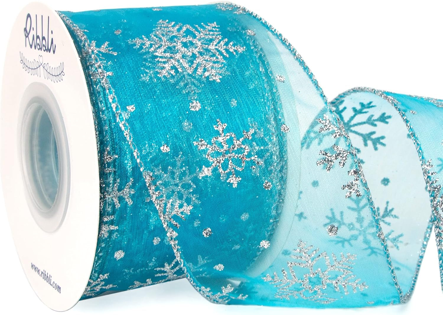 Snowflake Glitter Wired Ribbon,Turquoise Blue Organza Sheer with Silver Glitter Snowflake Pattern and Silver Metallic Edge,2-1/2 Inch X 10 Yards Christmas Ribbon for Tree Decoration