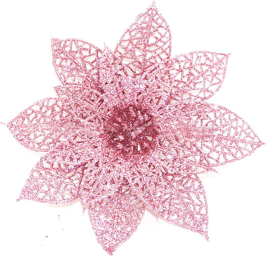 Pack of 10 Glitter Pink Poinsettia Christmas Tree Ornaments (Pink)