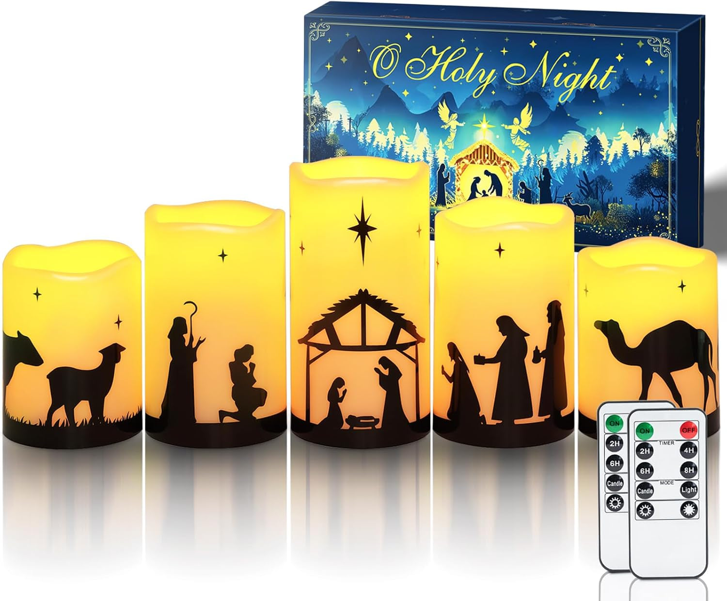Flameless LED Nativity Scene Candles with Remote Timer, 5 Pack