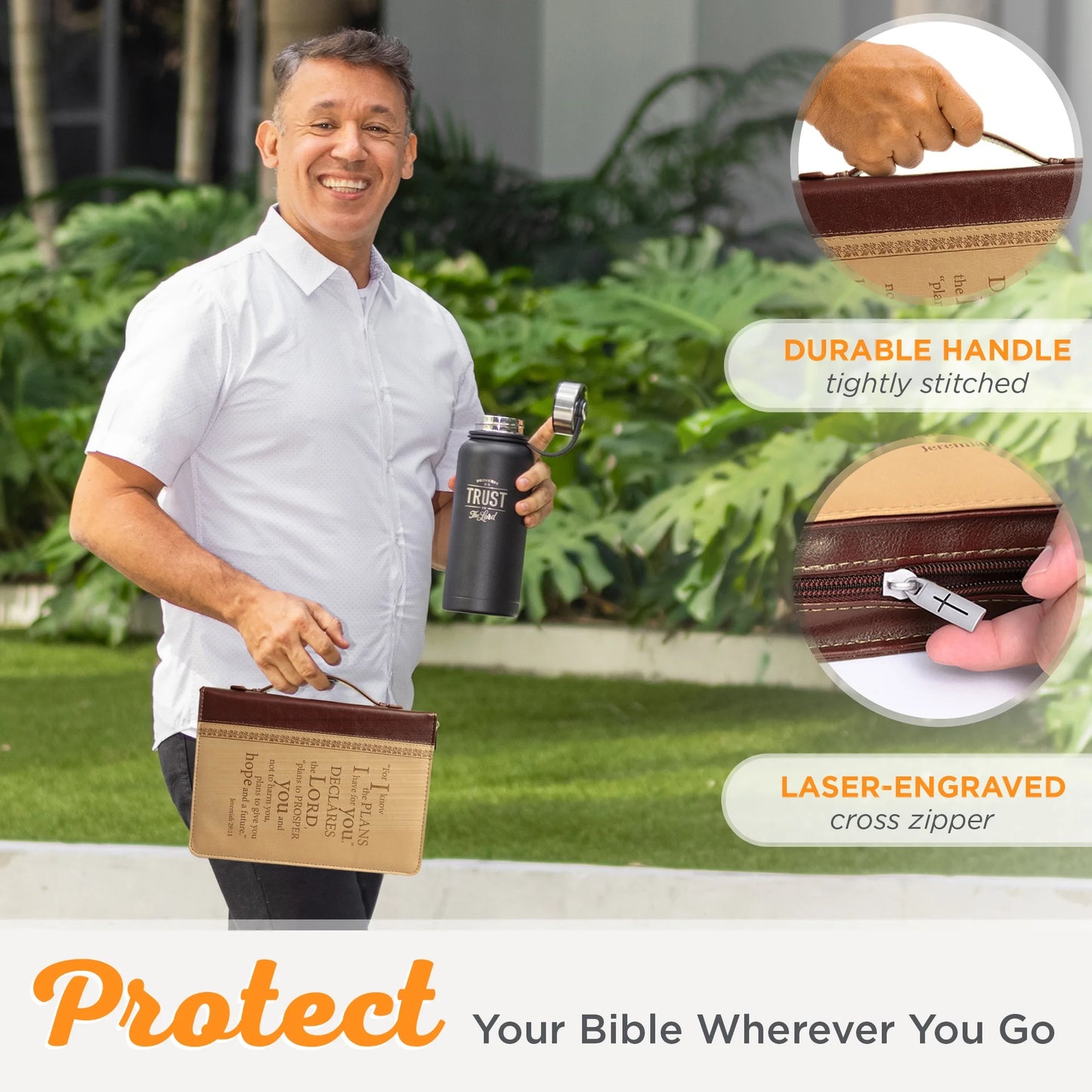 Tan Faux Leather Bible Cover for Men and Women I Know the Plans - Jeremiah 29:11 Zippered Case for Bible or Book with Handle, Extra Large