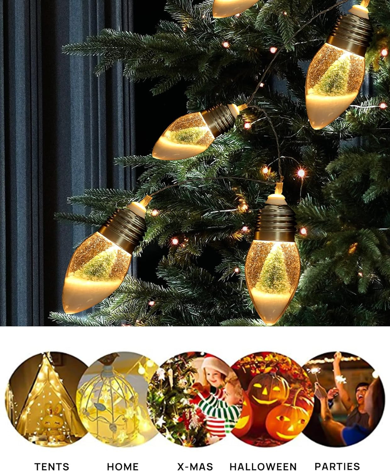 6.6 FT Christmas Lights for Bedroom Indoor Decorations, Globe Patio Lights Outdoor, Hanging Battery Operated Powered String Lights, Tree & Snow in 10 Bulbs, Home Decor, Fireplace, Xmas Lights