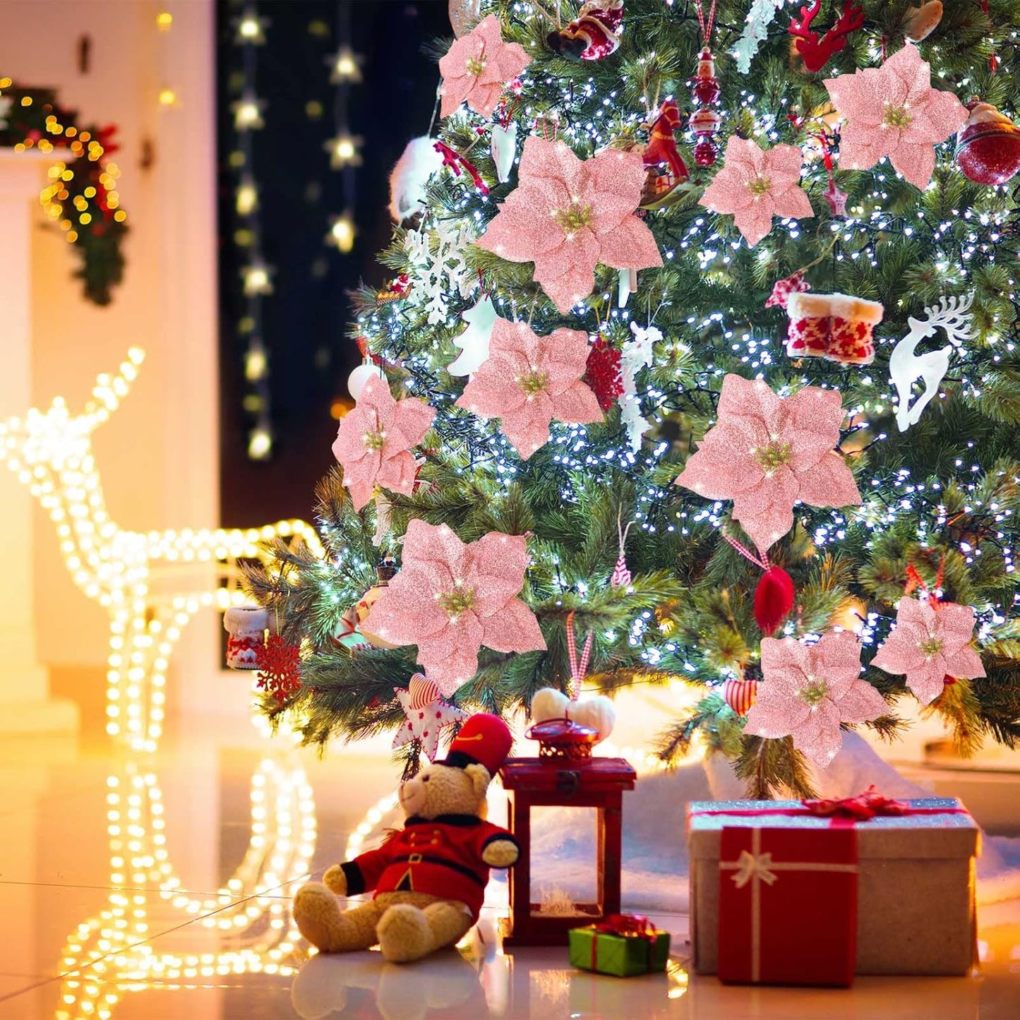 36 Pieces Christmas Glitter Poinsettia 3/4/6 Inch Faux Flowers Christmas Flowers Decorations Wedding Xmas Tree New Year Ornaments(Rose Gold)