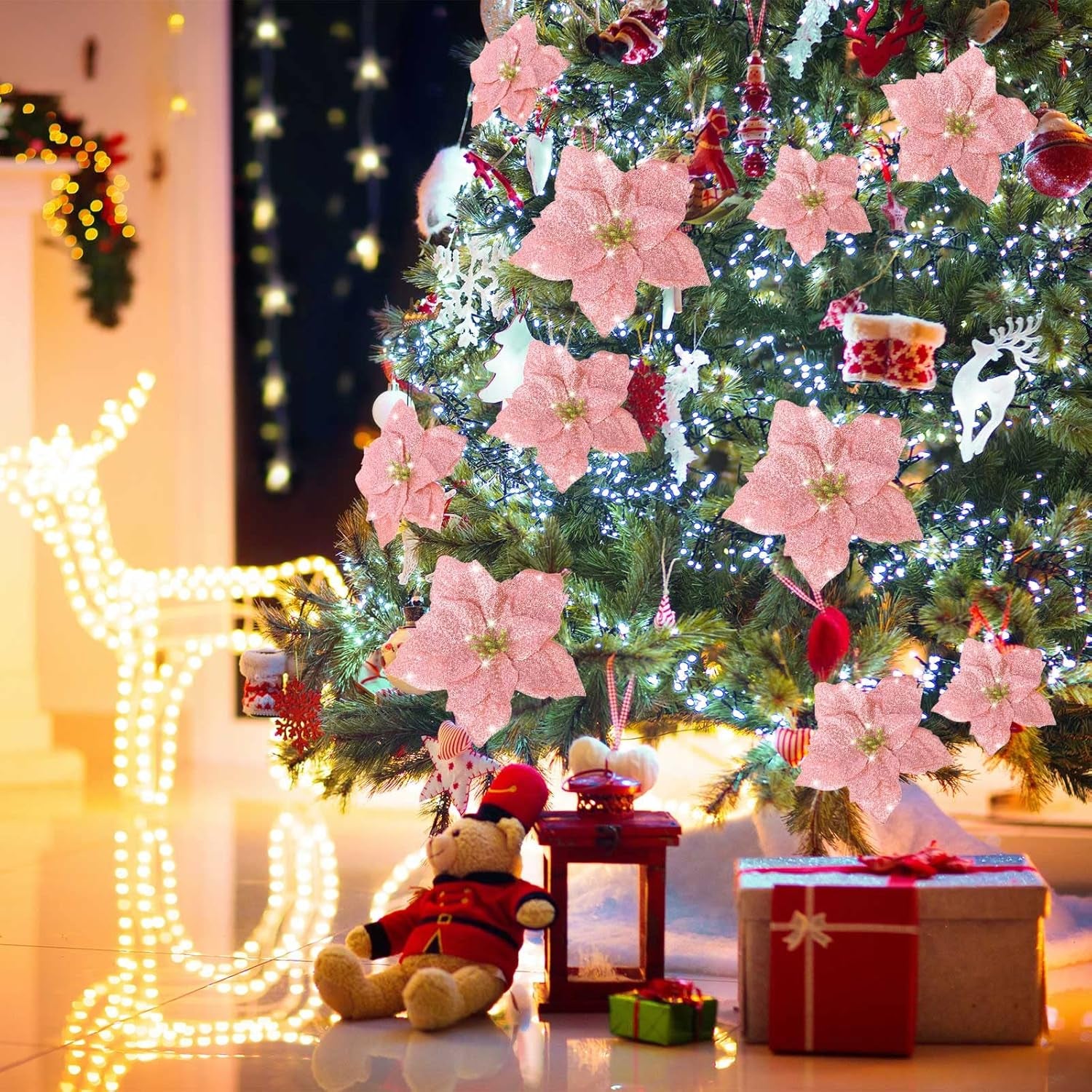 36 Pieces Christmas Glitter Poinsettia 3/4/6 Inch Faux Flowers Christmas Flowers Decorations Wedding Xmas Tree New Year Ornaments(Rose Gold)