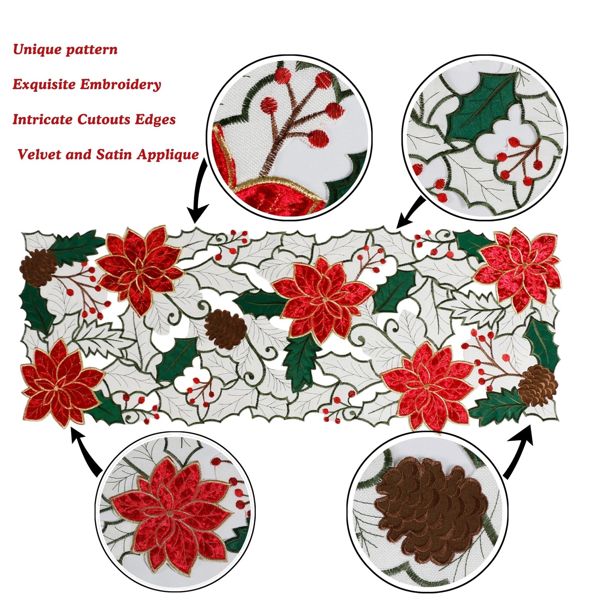 Christmas Table Runner Decorations Red Poinsettia Embroidered 36 Inches Long Flower Table Decor Applique Cutwork Holiday Festive Short Table Decorations, 13X36 Inch