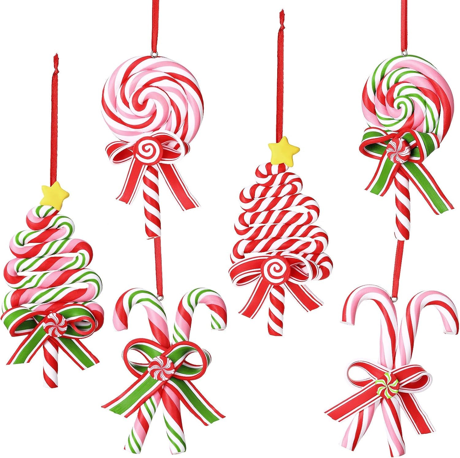 6 Pieces Christmas Candy Cane Ornaments Tree Lollipop Hanging Decorations 4.7 X 2.4 in Polymer Clay Red and White Peppermint Decoration Fake Candy Pendant Crafts for Xmas Wreath Party Supplies