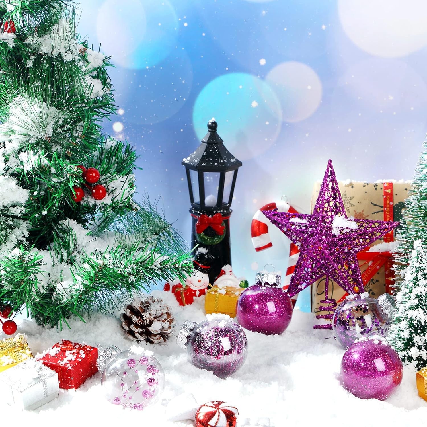 25 Pcs Christmas Ball Ornaments with Star Tree Topper Christmas Tree Decorations with 24 Pcs 2.36 Inch Plastic Ball Ornaments 1 Pack 5.91 Inch Xmas Star Treetop for Home Party(Purple)