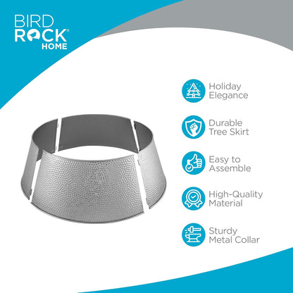 4-Panel Christmas Tree Collar - Metal Holiday Skirt Decor - Water Base Protection from Pets (Silver - Hammered)