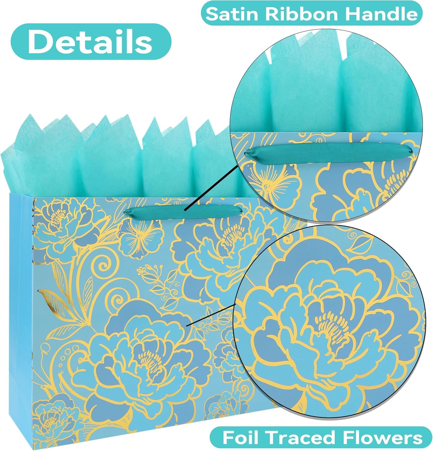 16.5” Extra Large Rose Green Gift Bag Set with Handles, Greeting Card, Tissue Pa