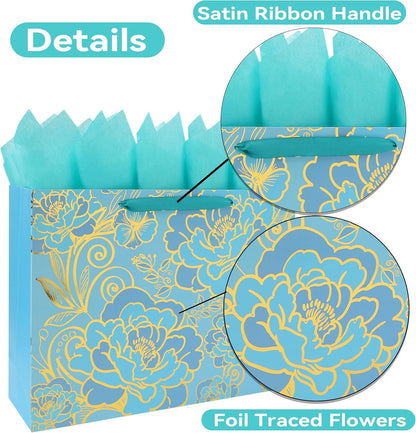 16.5” Extra Large Rose Green Gift Bag Set with Handles, Greeting Card, Tissue Pa