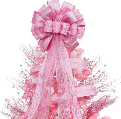 Christmas Tree Topper, 32X12 Inches Large Toppers Bow with Glitter Satin Mesh Streamer, Pink Christmas Tree Topper for Christmas Home Decoration (Pink),Circle Tree Topper