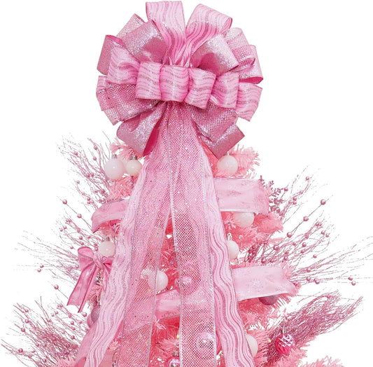 Christmas Tree Topper, 32X12 Inches Large Toppers Bow with Glitter Satin Mesh Streamer, Pink Christmas Tree Topper for Christmas Home Decoration (Pink),Circle Tree Topper