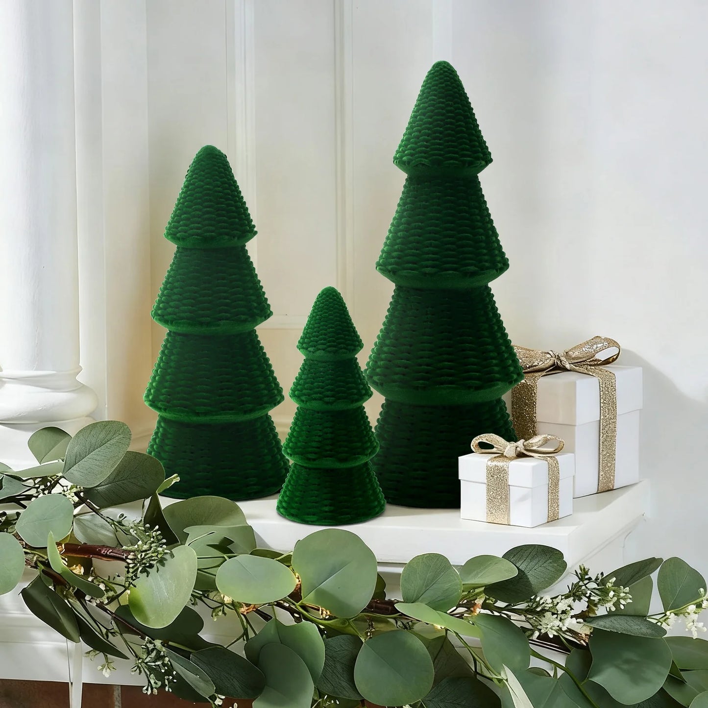 3Pcs Tabletop Christmas Tree Velvet Woven Resin Christmas Trees for Christmas Decor Indoor, Christmas Table Decor, Green