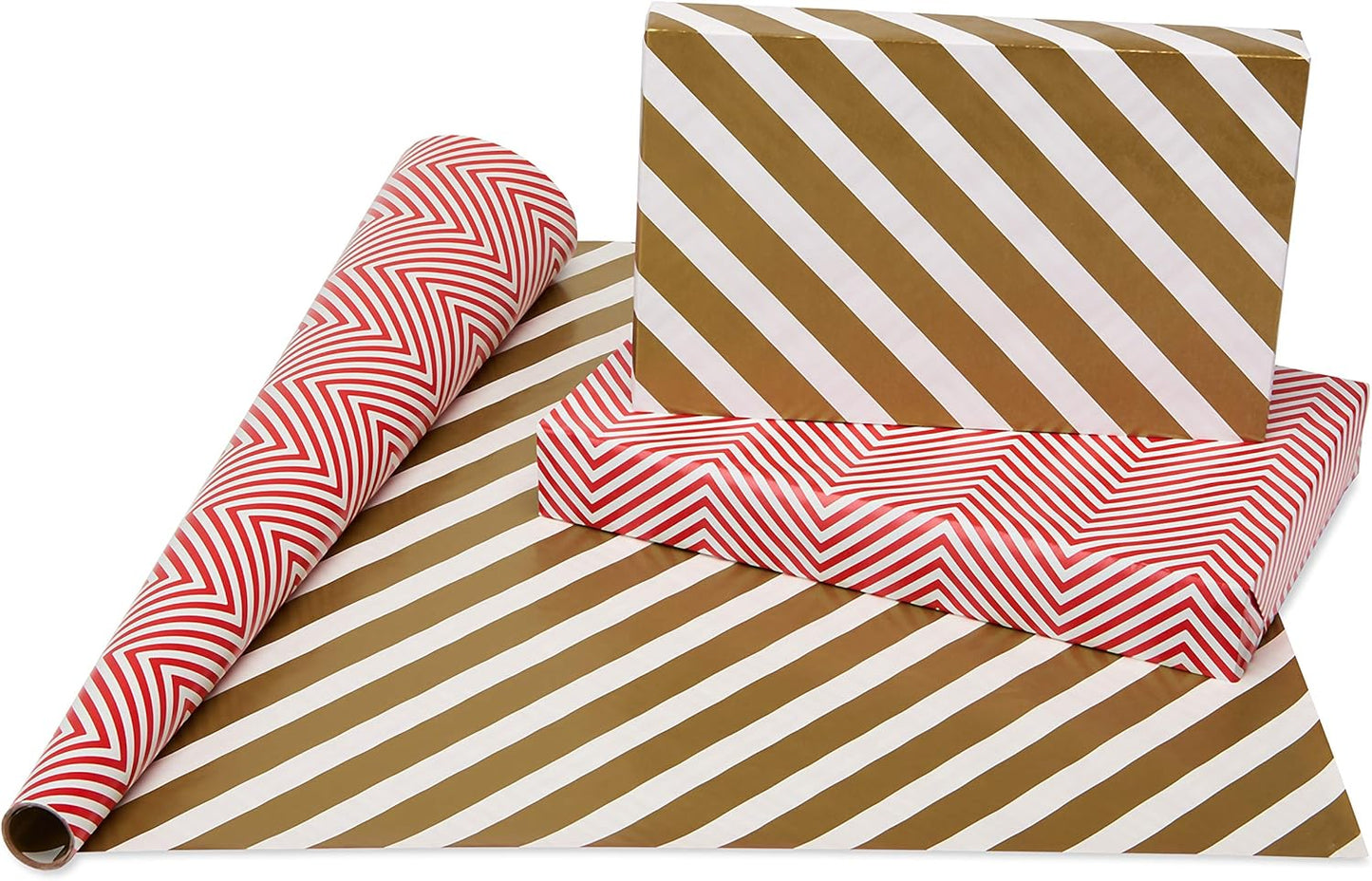 Wrapping Paper Rolls for Christmas or Any Occasion, Metallic Gold and Red Holiday Gift Wrap (120 Sq. Ft., 4 Rolls-30 In. X 12 Ft., Reversible) Stripes, Polka Dots, Zig Zags