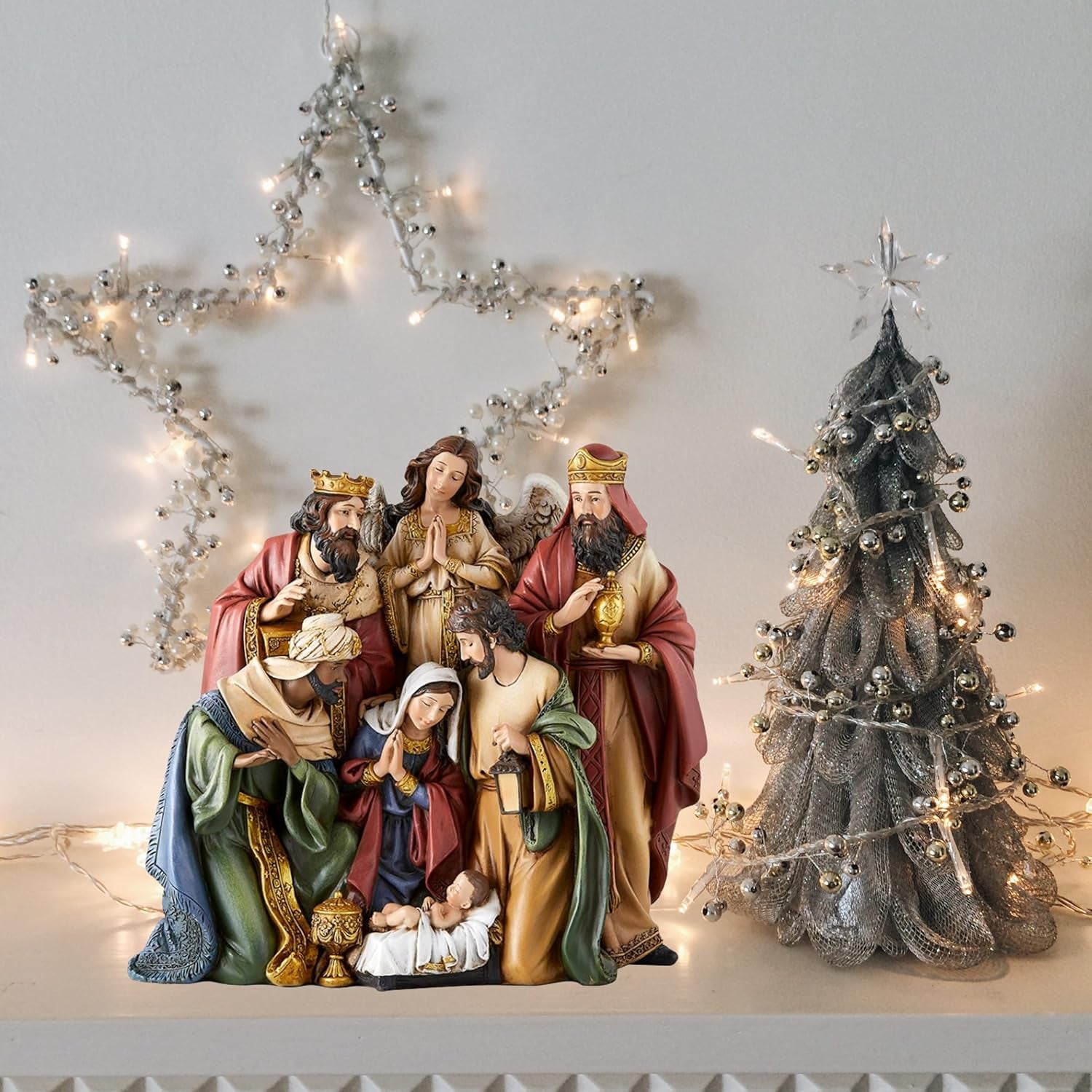Christmas Nativity Sets Indoor Home Decor Figurine, Hand Sculpted Manger Scene Religious Christmas Table Top Decorations for Holidays, 8.75 Inches