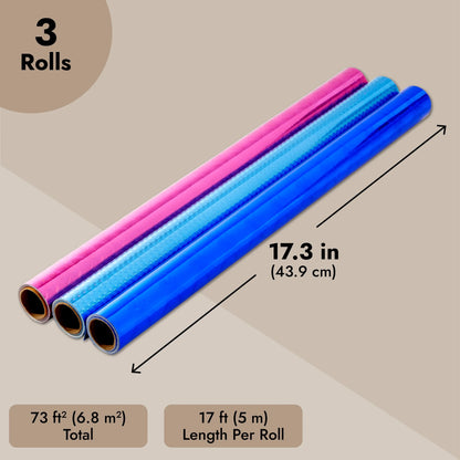 Holographic Wrapping Paper - Iridescent, Metallic Gift Wrap for Birthday, Christmas (3 Rolls, 3 Designs, 208 X 17.3 in per Roll, 73.5 Sq Ft Total)
