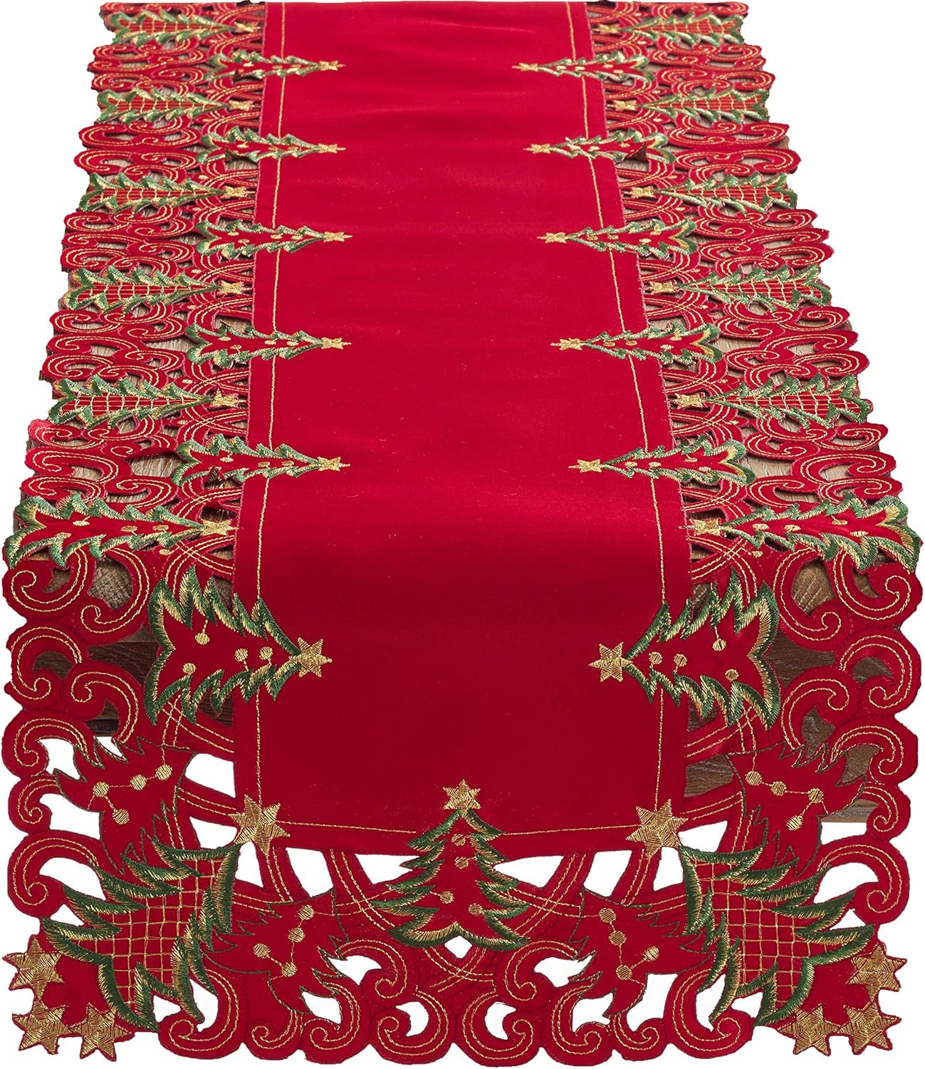 Pandoro Collection Holiday Embroidered Christmas Tree Cutwork Border 16 X 90 Inch Table Runner – Red Table Runner for Christmas Dinner, Family Gathering, Special Events and Home Décor