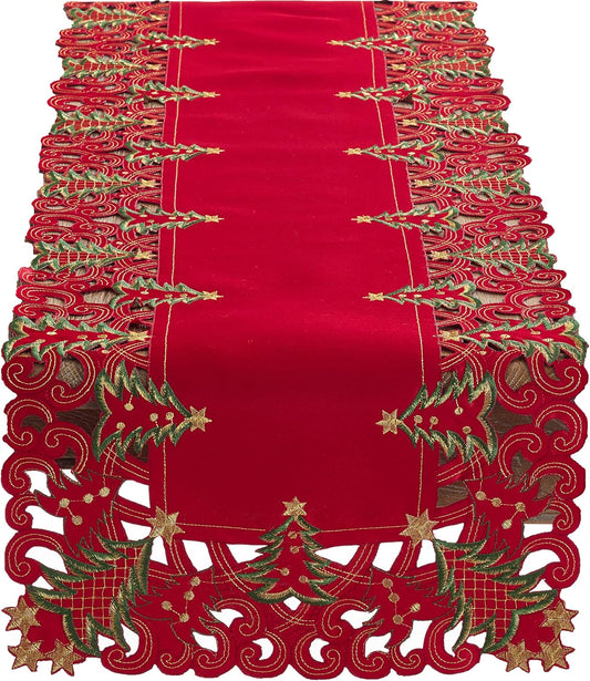 Pandoro Collection Holiday Embroidered Christmas Tree Cutwork Border 16 X 90 Inch Table Runner – Red Table Runner for Christmas Dinner, Family Gathering, Special Events and Home Décor
