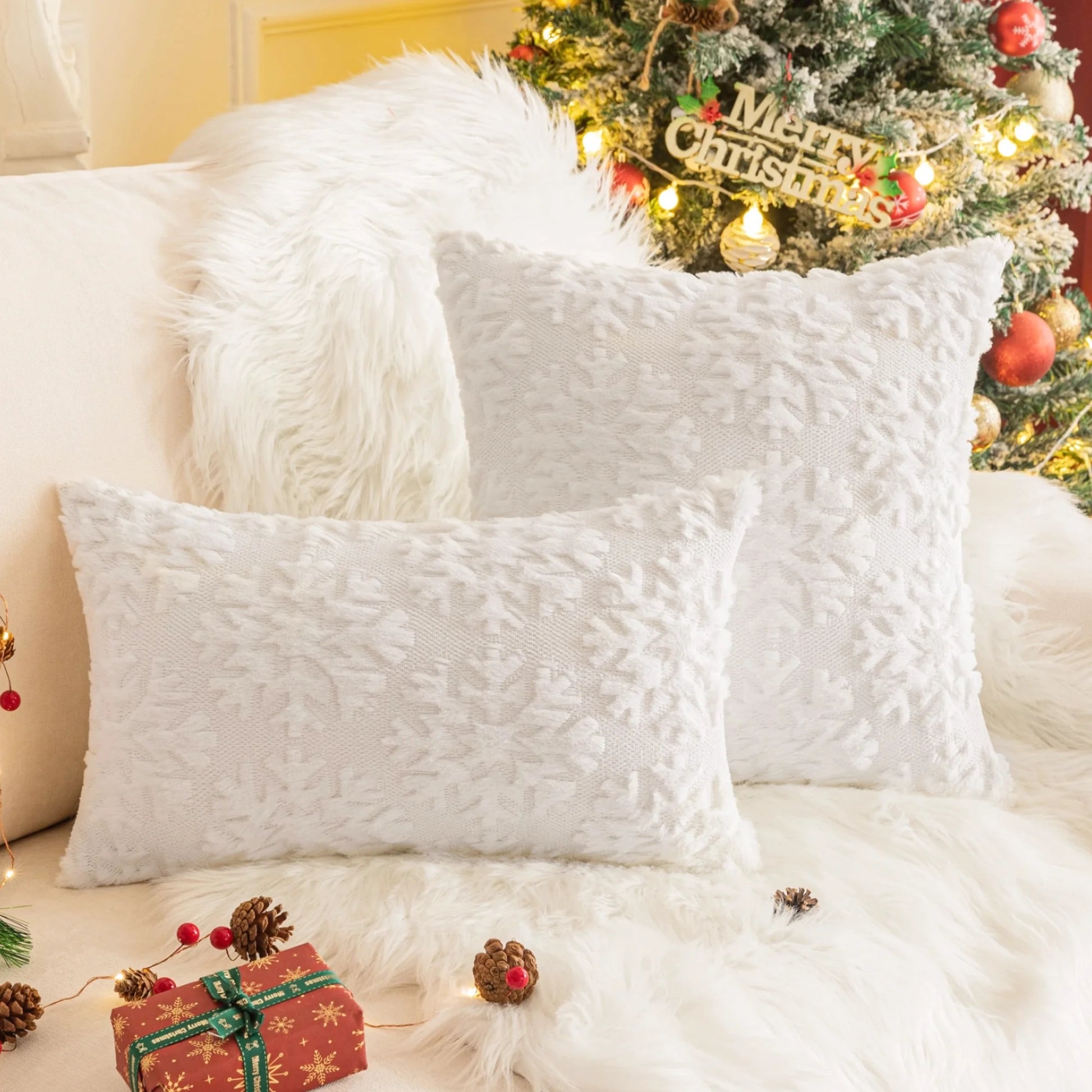 Set of 2 Christmas Tree Throw Pillow Covers, Soft Faux Fur Decorative Xmas Throw Pillows for Couch Sofa Holiday Winter Decor